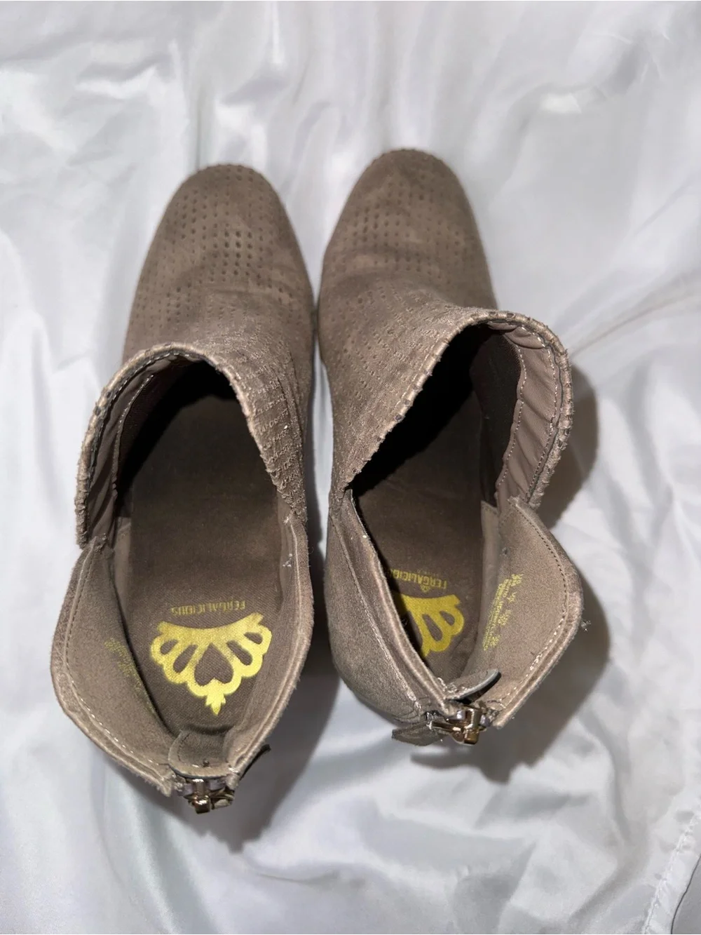 Fergalicious Taupe Perforated Suede Ankle Booties